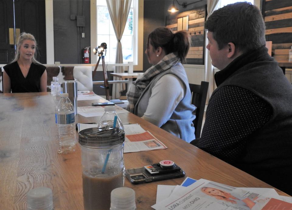 Miss Ohio Lora Current answered questions from Tiffany Swigert of the Coshocton Port Authority and Dylan Daniels, producer of the Miss Ohio Outstanding Teen program, among others during a Miss America preparation session in Coshocton.