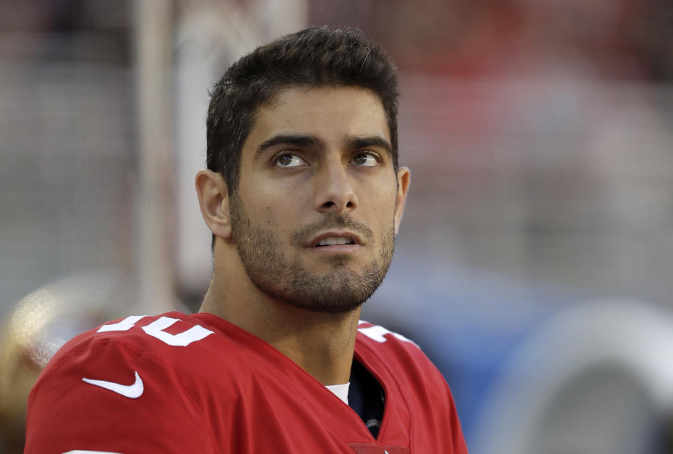 San Francisco 49ers quarterback Jimmy Garoppolo waits to make his first 49ers start. (AP)