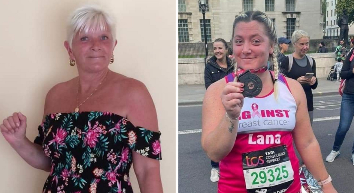 A composite of Sharon Freeman and her daughter Lana Freeman as she completed the London Marathon. (SWNS)