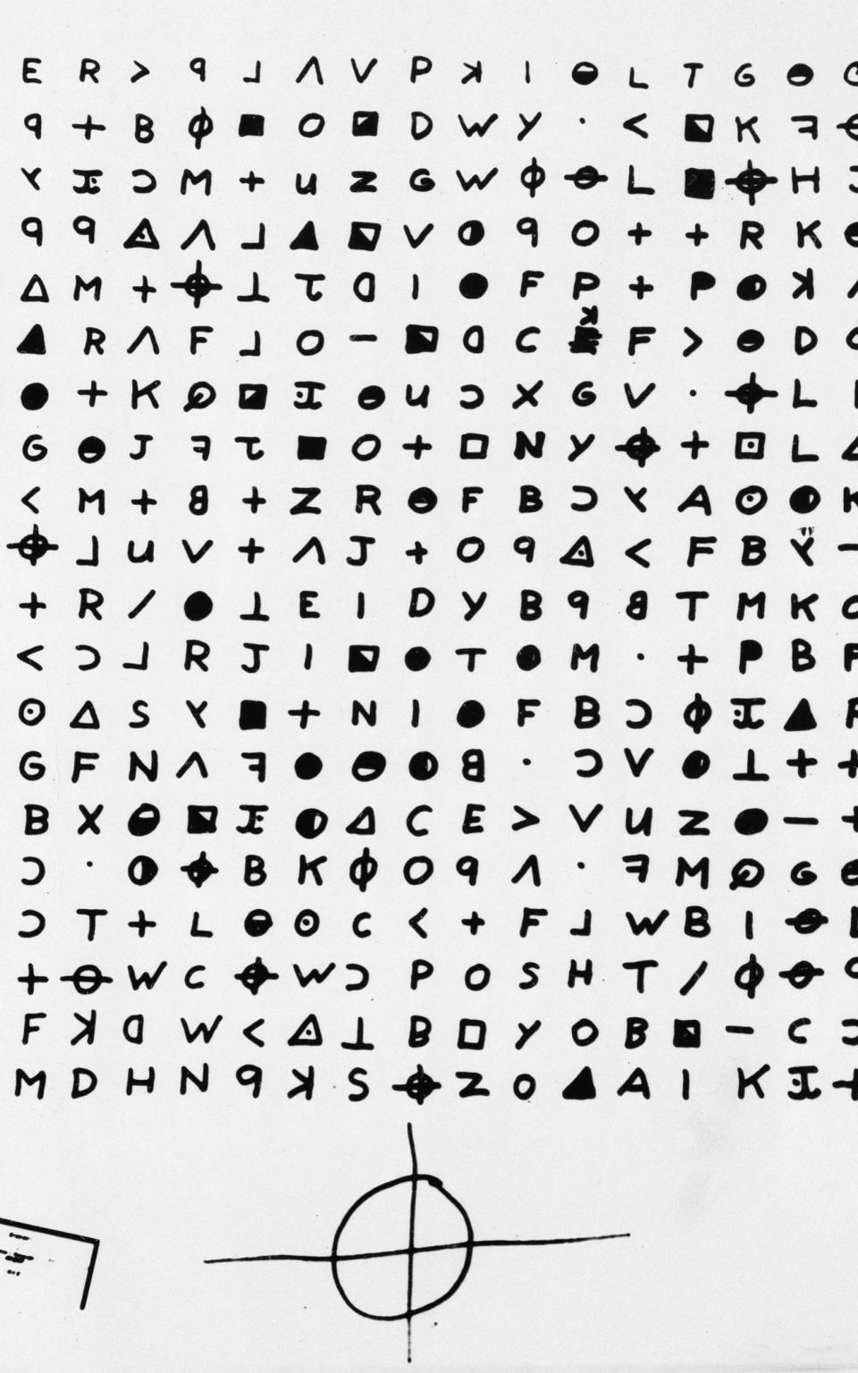 File copy of a cryptogram sent to the San Francisco Chronicle in 1969 by the Zodiac Killer.