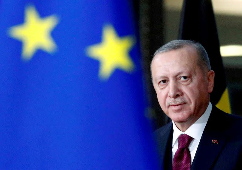 FILE PHOTO: Turkish President Tayyip Erdogan arrives for a meeting with EU Council President Charles Michel in Brussels