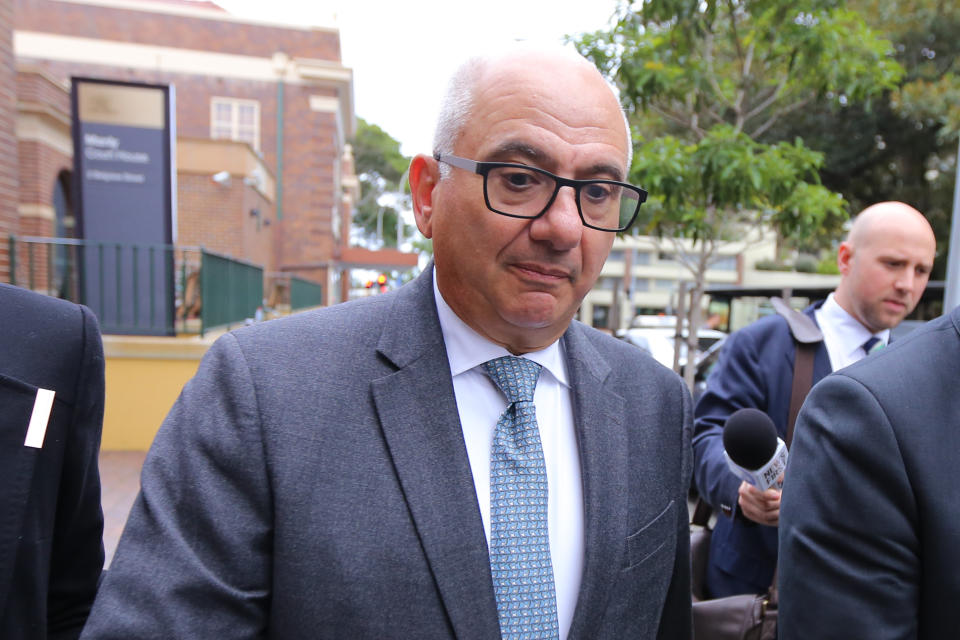 Stavros 'Steven' Economides is seen departing Manly Local Court in Sydney, Thursday, July 4, 2019. A former tax adviser has admitted he attacked a Liberal volunteer with a corkscrew in the final days of Tony Abbott's election campaign in northern Sydney. (AAP Image/Steven Saphore) NO ARCHIVING