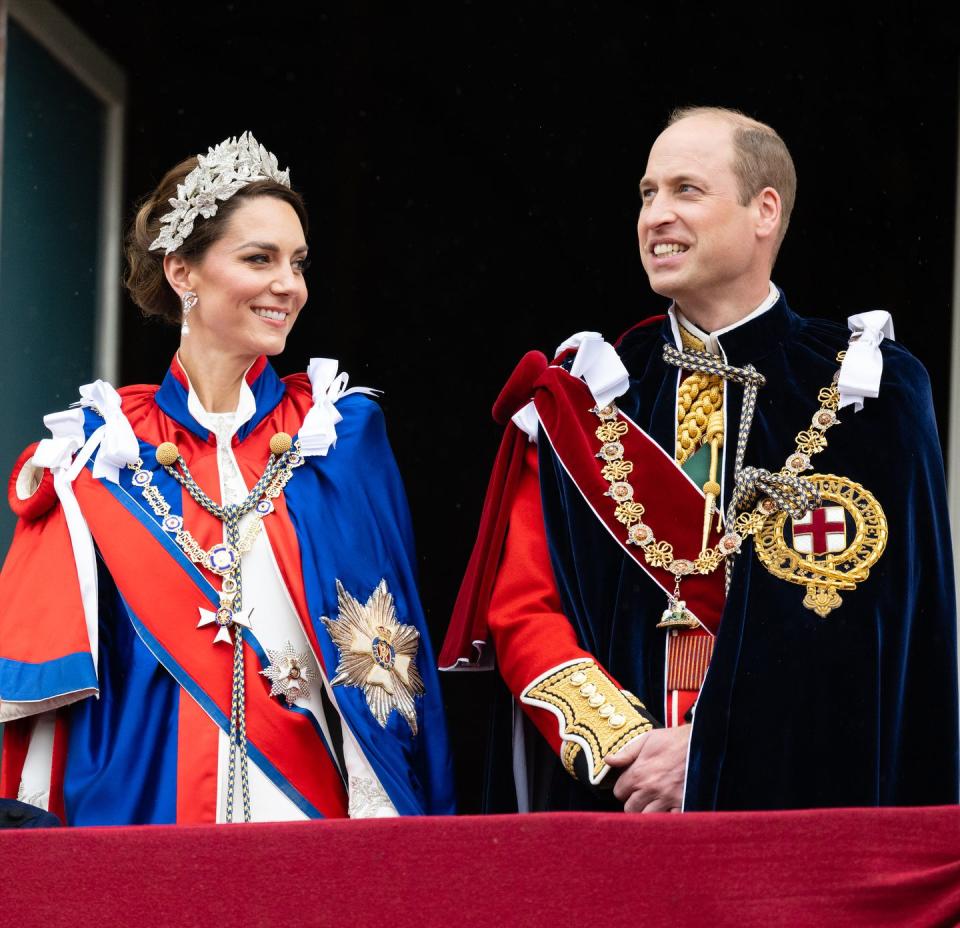 london, england may 06 catherine, princess of wales and prince william, prince of wales on the balcony of buckingham palace following the coronation of king charles iii and queen camilla on may 06, 2023 in london, england the coronation of charles iii and his wife, camilla, as king and queen of the united kingdom of great britain and northern ireland, and the other commonwealth realms takes place at westminster abbey today charles acceded to the throne on 8 september 2022, upon the death of his mother, elizabeth ii photo by poolsamir husseinwireimage