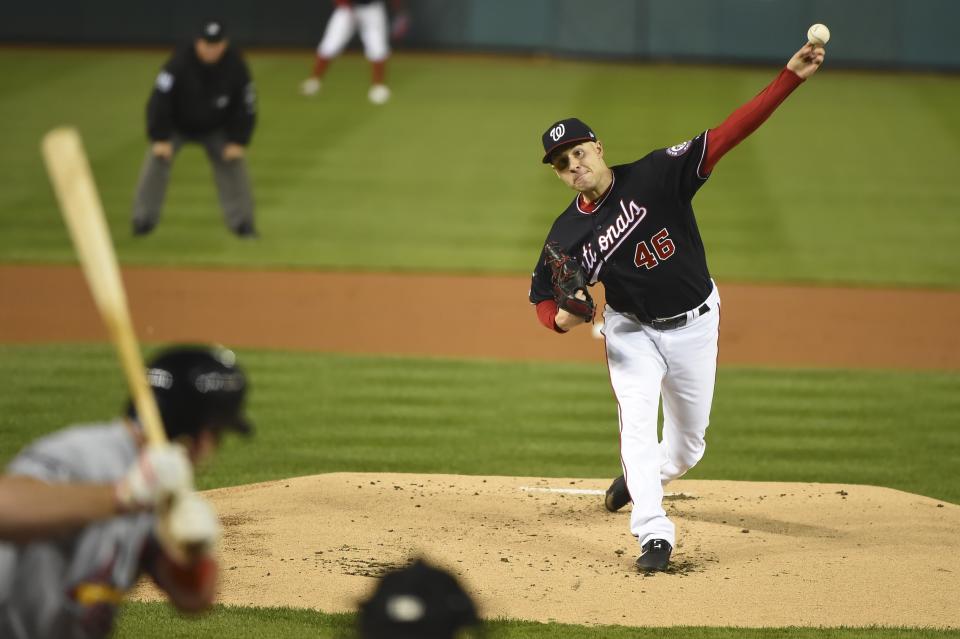 Washington Nationals' Patrick Corbin throws during the first inning of Game 4 of the baseball National League Championship Series against the St. Louis Cardinals Tuesday, Oct. 15, 2019, in Washington. (AP Photo/Will Newton, Pool)