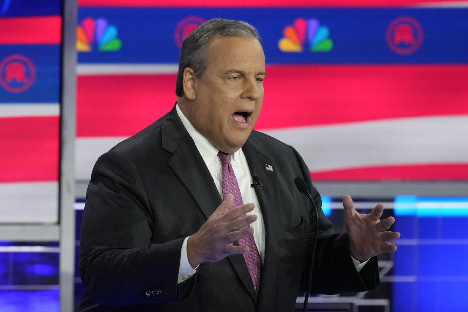 Republican presidential candidate former New Jersey Gov. Chris Christie speaks during a Republican presidential primary debate hosted by NBC News, Wednesday, Nov. 8, 2023, at the Adrienne Arsht Center for the Performing Arts of Miami-Dade County in Miami. (AP Photo/Rebecca Blackwell)