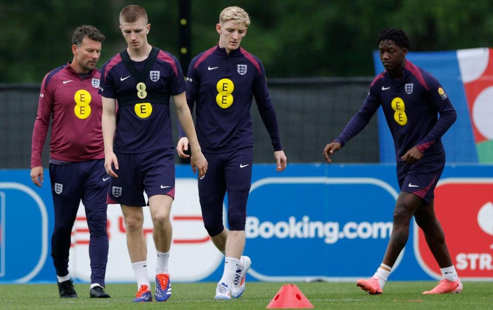 Adam Wharton and Kobbie Mainoo in England training