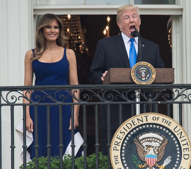 The First Lady and President Trump addressing attendees of their Fourth of July celebration. (Photo: Getty Images)