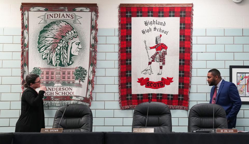 Anderson Community school memorabilia hangs from the walls Tuesday, April 12, 2022, at Anderson Community Schools Administration Center in Anderson. 