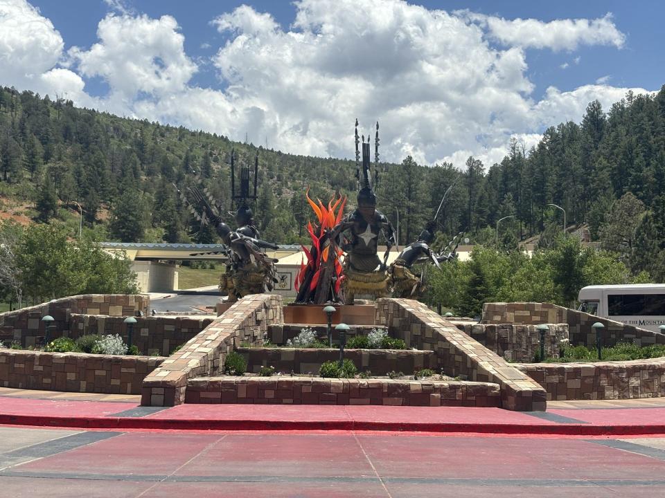 The sculpture at the entrance of the Inn of the Mountain Gods in Mescalero greets people arriving to the resort. The resort is a collection site for donations of water, clothing and non-perishable items.