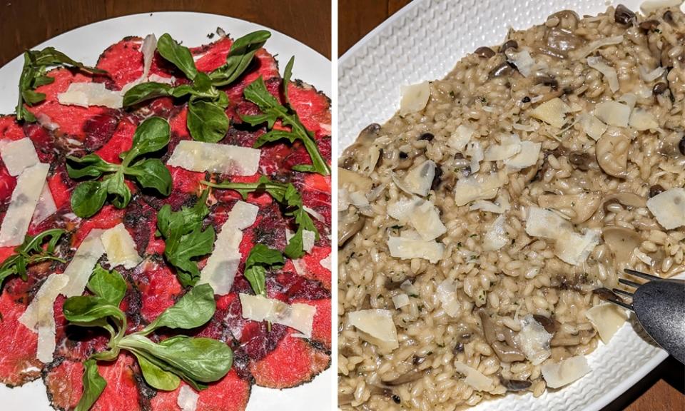 Carpaccio di Manzo at Florentine (left). The risotto was buttery and full of mushroom flavour (right).