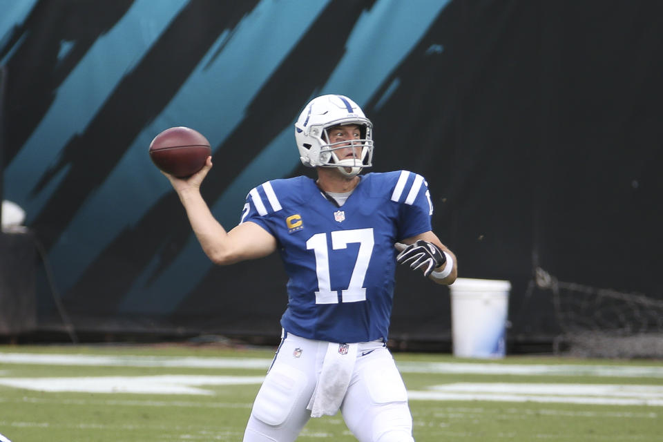 Indianapolis Colts quarterback Philip Rivers (17) throws a pass during the first half of an NFL football game against the Jacksonville Jaguars, Sunday, Sept. 13, 2020, in Jacksonville, Fla. (AP Photo/Stephen B. Morton)