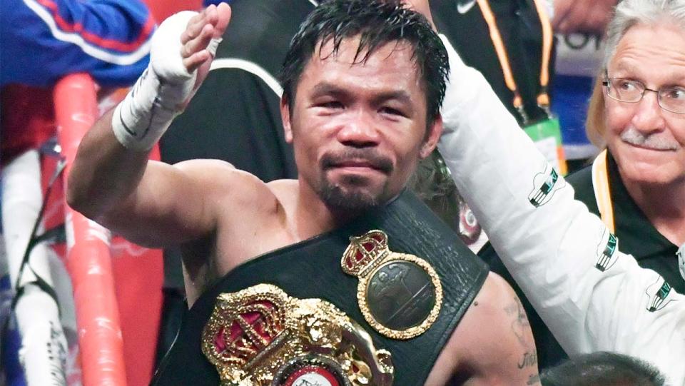 Manny Pacqiauo (pictured) thanking the crowd after winning a boxing match.