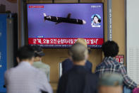 A TV screen showing a news program reporting about North Korea's missile launch with file image, is seen at the Seoul Railway Station in Seoul, South Korea, Wednesday, Aug. 17, 2022. South Korean President Yoon Suk Yeol said Wednesday his government has no plans to pursue its own nuclear deterrent in the face of growing North Korean nuclear weapons capabilities, even as the North fired two suspected cruise missiles toward the sea in the latest display of an expanding arsenal. (AP Photo/Lee Jin-man)