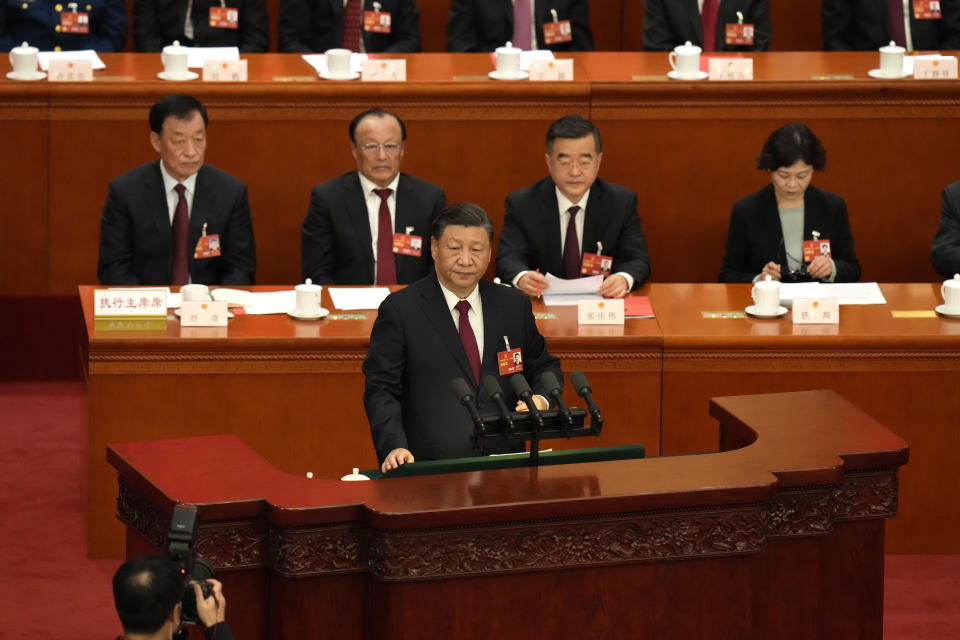 Chinese President Xi Jinping delivers a speech at the closing ceremony for China's National People's Congress (NPC) at the Great Hall of the People in Beijing, Monday, March 13, 2023. (AP Photo/Andy Wong)