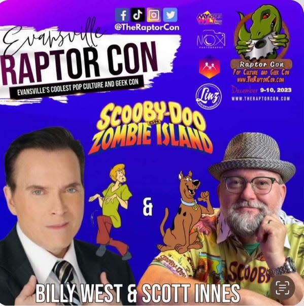 Scott Innes, who played the voice of Scooby-Doo, Billy West, who played the voice of Shaggy in Scooby-Doo, Zombie Island will be at RaptorCon in Evansville this weekend