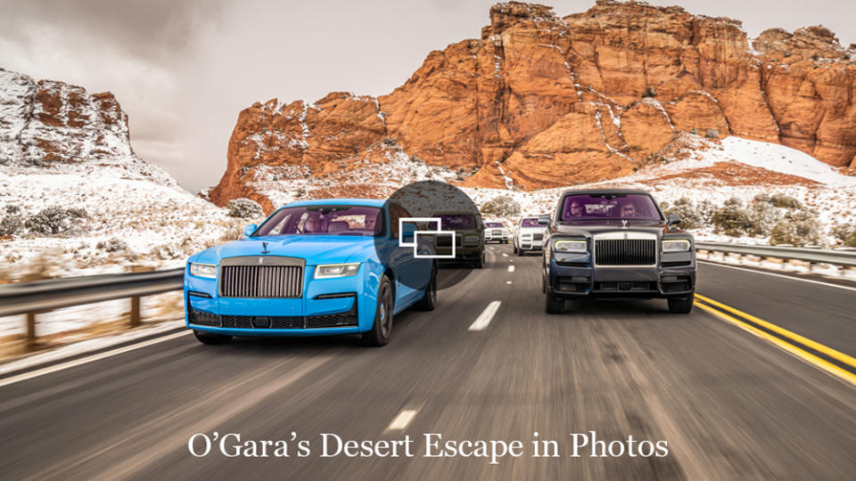 A fleet of Rolls-Royces drive through the American West