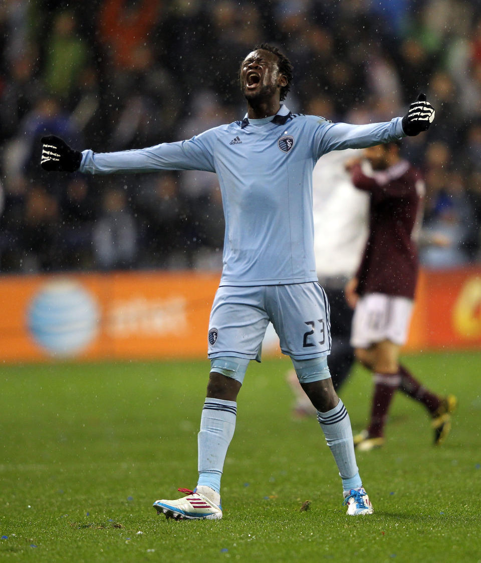 KANSAS CITY, KS - NOVEMBER 02: Kei Kamara #23 of Sporting Kansas City reacts after the final whistle as Sporting Kansas City defeats the Colorado Rapids 2-0 to win the MLS playoff game on November 2, 2011 at LiveStrong Sporting Park in Kansas City, Kansas. (Photo by Jamie Squire/Getty Images)