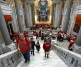 <p>Kentucky Public school teachers rally for a “day of action” at the Kentucky State Capitol to try to pressure legislators to override Kentucky Governor Matt Bevin’s recent veto of the state’s tax and budget bills in Frankfort, Ky., April 13, 2018. (Photo: Bill Pugliano/Getty Images) </p>