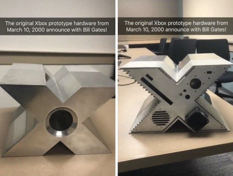 Original Xbox prototype in an X shape, displayed on a desk, related to Bill Gates' 2000 announcement