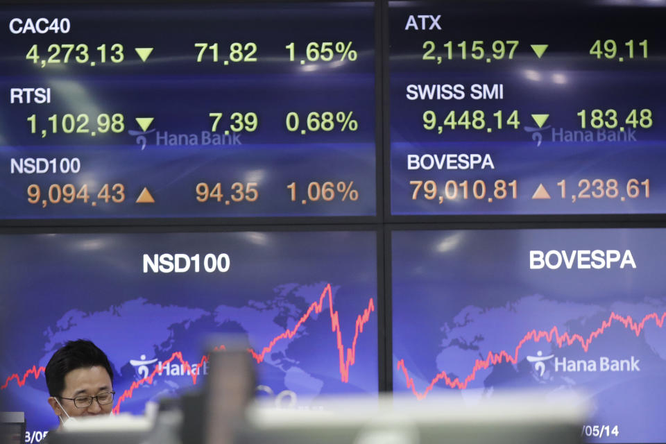 A currency trader talks near screens at the foreign exchange dealing room in Seoul, South Korea, Friday, May 15, 2020. Asian shares were mixed Friday as markets meandered on news about economies reopening, mixed with worries about the prolonged health risks from the new coronavirus. (AP Photo/Lee Jin-man)