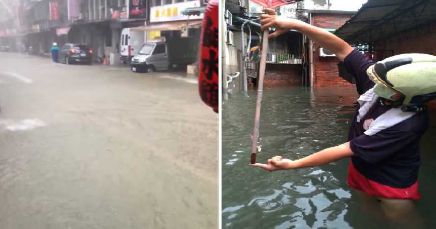 汐止街道和內湖淹水情況。（圖／翻攝自汐止集團臉書、台北市政府水利處提供）