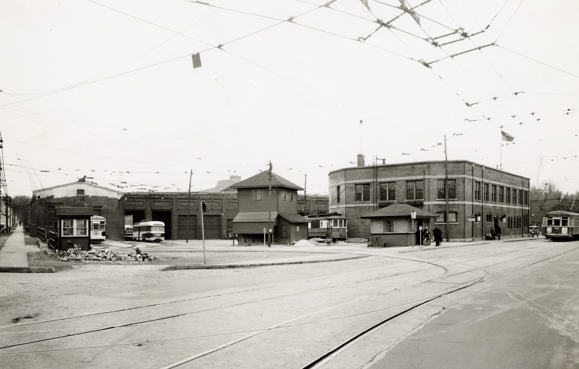 Streetcar barn entrance and trainmen’s building at 48th and Harrison, 1940s.