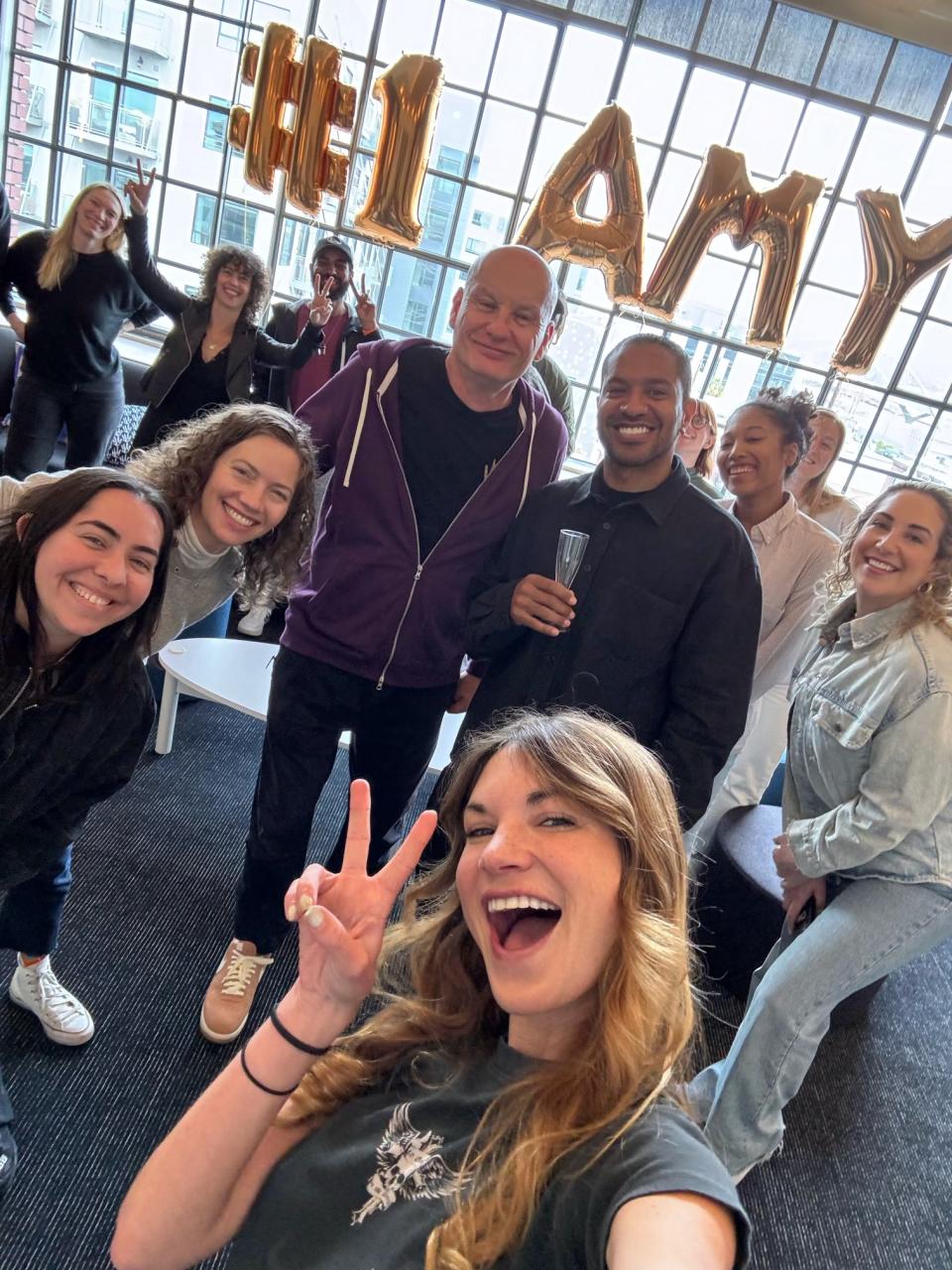 Allen celebrating her 2024 hit singles at Warner Chappell Music’s officers in Los Angeles earlier this year, with (from left) manager/A&R Gabz Landman, co-chairs Carianne Marshall and Guy Moot, president Ryan Press and other staffers. (Photo courtesy Amy Allen)