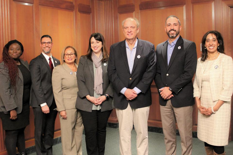 From left, Rubby Wuabu, Healey administration policy and cabinet affairs liaison; Michael Memmolo, MCAD interim executive director; Monserrate Rodríguez Colón, MCAD commissioner; Sen. Robyn Kennedy, D-Worcester; Joe Petty, mayor of Worcester; Eric D. Batista, city manager of Worcester, and Commissioner Sunila Thomas George, MCAD chairwoman, attend the grand reopening of the Worcester office of the Massachusetts Commission Against Discrimination on Jan. 19.