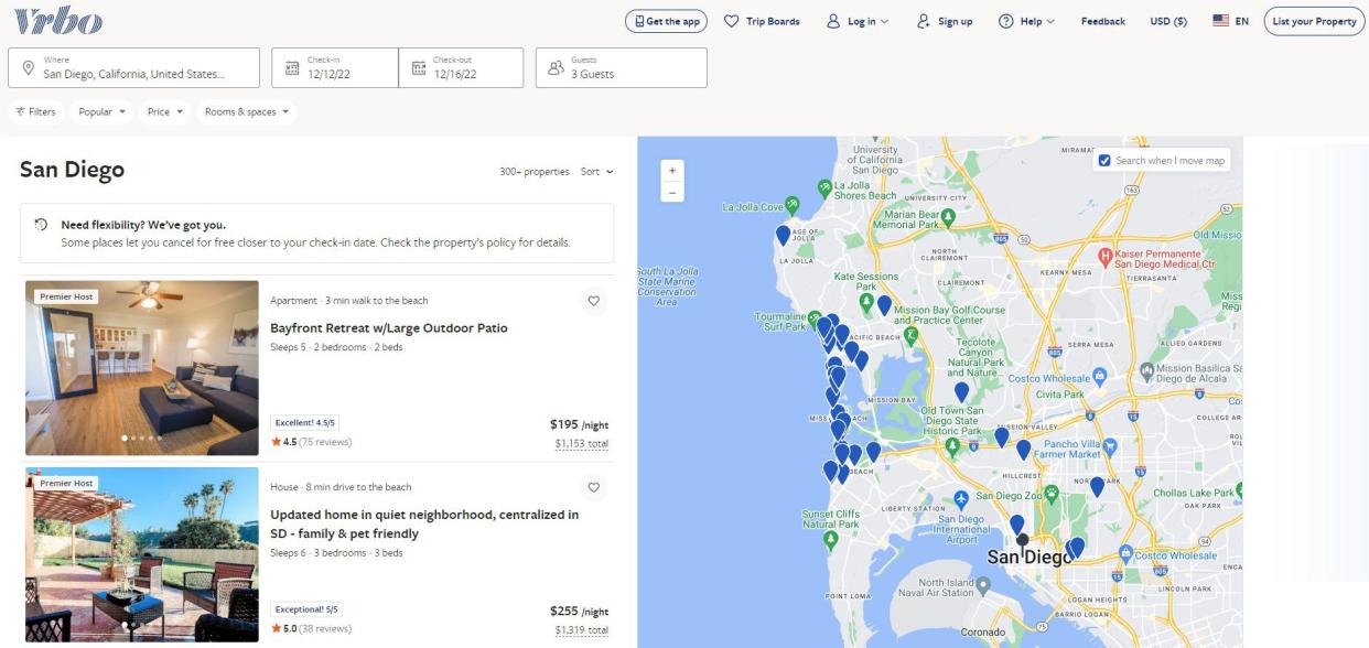 Screenshot of Vrbo search