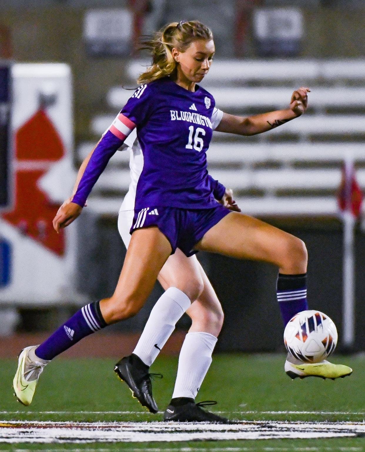 Bloomington South’s Keira Robinson (16) intercepts a pass intended for Noblesville’s Meredith Tippner during the IHSAA girls’ soccer state championship match at Michael Carroll Track & Soccer Stadium in Indianapolis, Ind. on Saturday, Oct. 28, 2023.