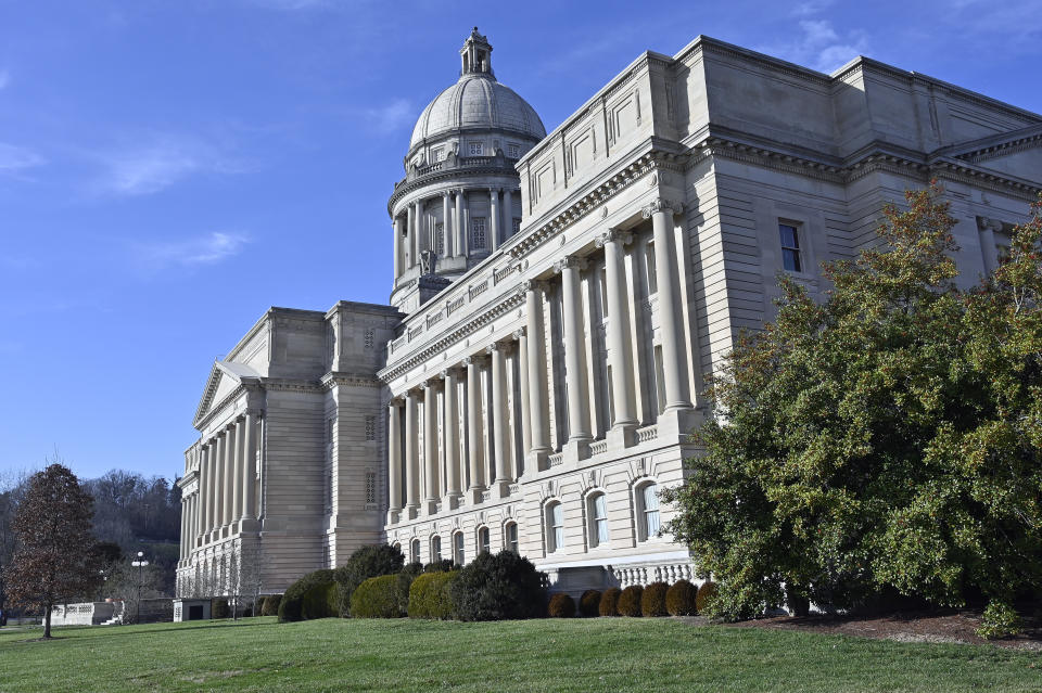 FILE - The Kentucky Capitol is seen, Jan. 14, 2020, in Frankfort, Ky. The Kentucky Senate voted, Thursday, March 7, 2024, to expand insurance coverage for people seeking treatment for stuttering, and the bill's sponsor credited former basketball star Michael Kidd-Gilchrist with the assist. (AP Photo/Timothy D. Easley, File)