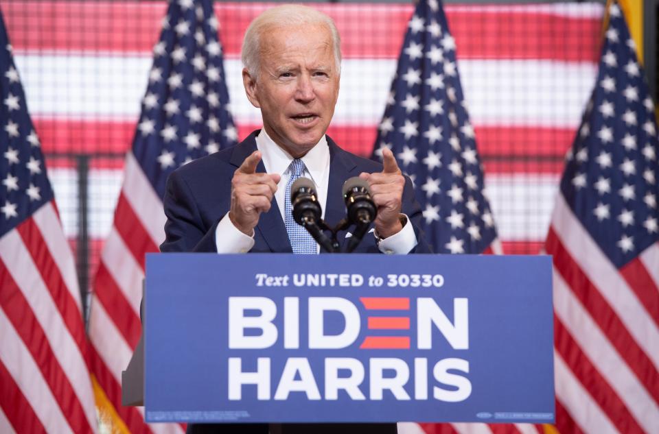 Democratic presidential nominee Joe Biden traveled to Pittsburgh on Monday to deliver a speech on how President Donald Trump made the country less safe. Now his campaign is turning that speech into an ad.  (SAUL LOEB via Getty Images)