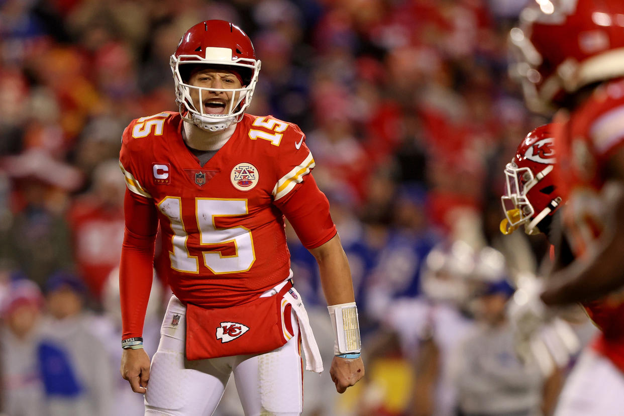 Patrick Mahomes #15 of the Kansas City Chiefs reacts during an NFL game against the Buffalo Bills in the AFC title game. (Photo by Jamie Squire/Getty Images)