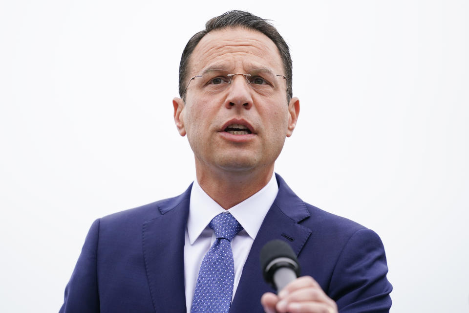 Pennsylvania Attorney General Josh Shapiro speaks during a news conference at Marsh Creek State Park in Downingtown, Pa., Tuesday, Oct. 5, 2021. Shapiro filed criminal charges Tuesday against the developer of a problem-plagued pipeline that takes natural gas liquids from the Marcellus Shale gas field to an export terminal near Philadelphia. (AP Photo/Matt Rourke)