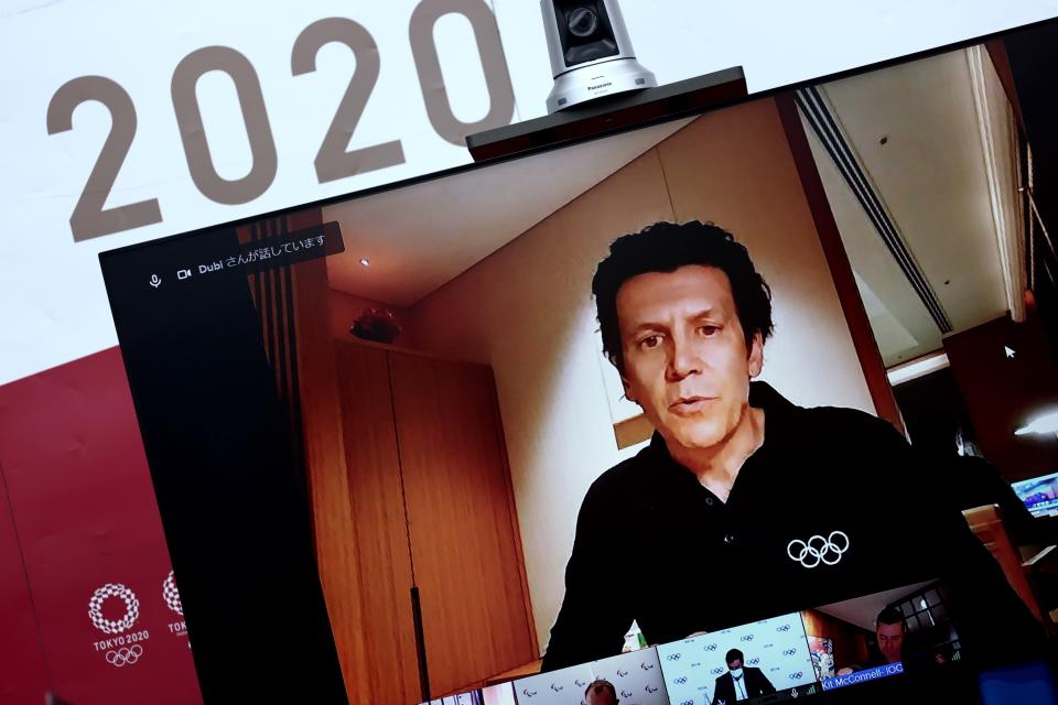 Olympic Games Executive Director of IOC Christophe Dubi speaks during a virtual press briefing for the presentation of the version three of Tokyo 2020 Playbook in Tokyo on Tuesday, June 15, 2021. (Behrouz Mehri/Pool Photo via AP)