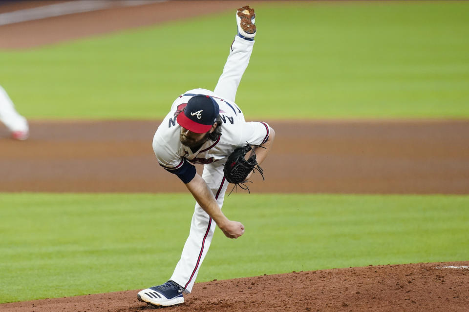 Atlanta Braves' Ian Anderson delivers a pitch during the fourth inning in Game 2 of a baseball National League Division Series against the Miami Marlins Wednesday, Oct. 7, 2020, in Houston. (AP Photo/Eric Gay)