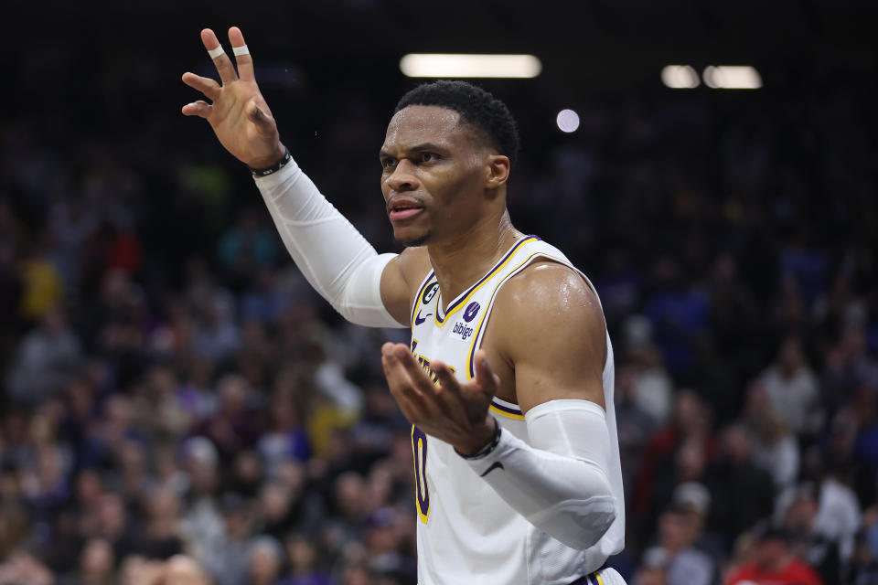 SACRAMENTO, CALIFORNIA - JANUARY 07: Russell Westbrook #0 of the Los Angeles Lakers looks to the referee in the fourth quarter against the Sacramento Kings at Golden 1 Center on January 07, 2023 in Sacramento, California. NOTE TO USER: User expressly acknowledges and agrees that, by downloading and/or using this photograph, User is consenting to the terms and conditions of the Getty Images License Agreement. (Photo by Lachlan Cunningham/Getty Images)