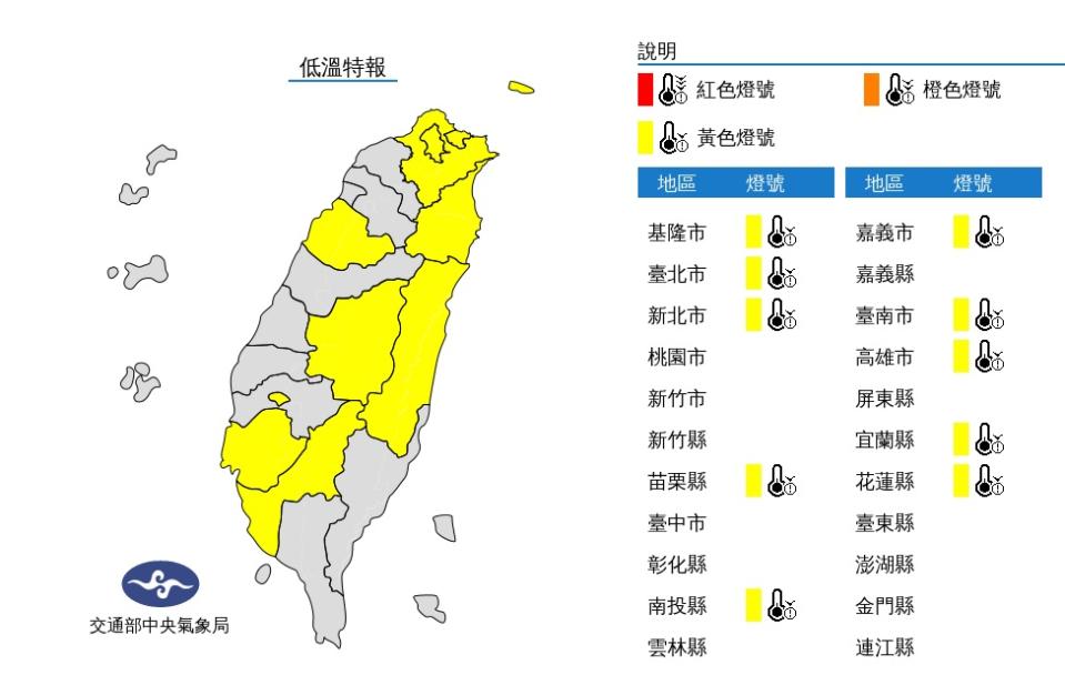 新北市、基隆市、台北市、苗栗縣、南投縣、嘉義市、台南市、高雄市、宜蘭縣、花蓮縣有10度以下氣溫發生的機率，請注意。   圖片來源/中央氣象局