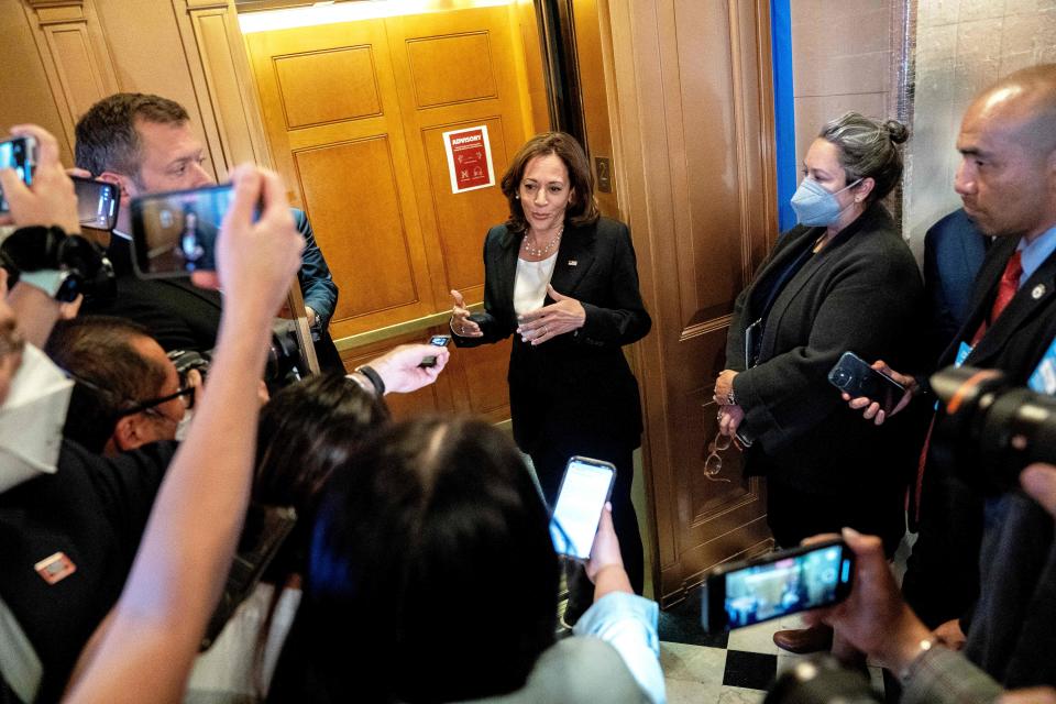 WASHINGTON - Vice President Kamala Harris speaks to reporters while departing the Senate Chamber at the U.S. Capitol on August 6, 2022. - Harris broke a 50-50 vote in the US Senate to proceed on the Inflation Reduction Act, then came back a day later to cast the tie-breaking vote on final passage.