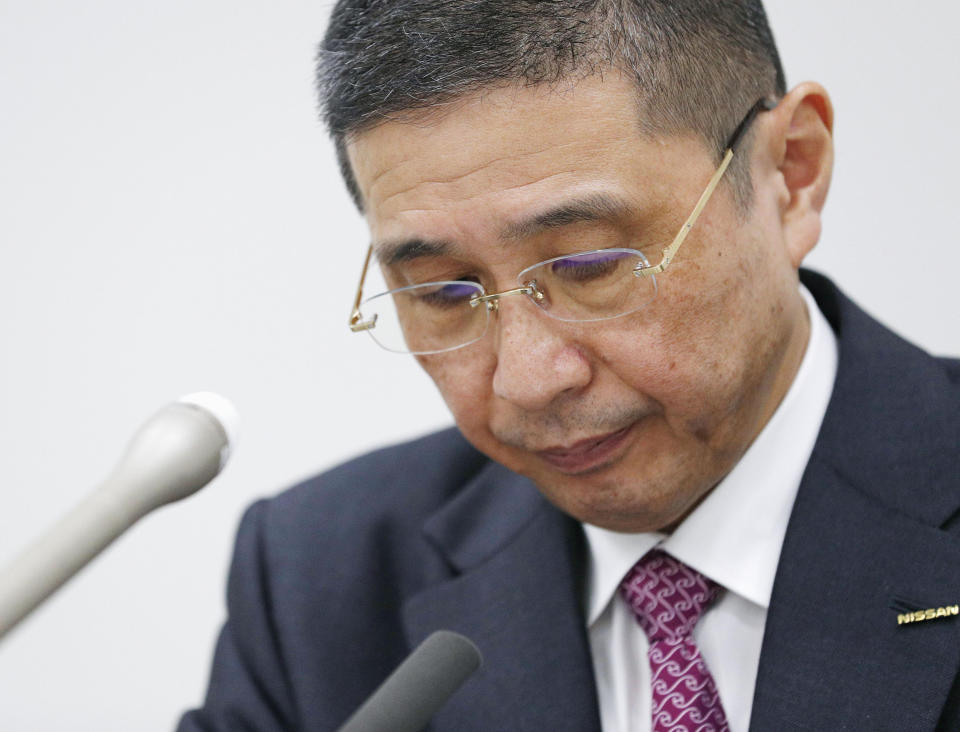 Nissan Motor Co. President and Chief Executive Officer Hiroto Saikawa attends a press conference at Nissan Motor Co. Global Headquarter Monday Nov. 19, 2018 in Yokohama, near Tokyo. Nissan Motor Co.'s high-flying chairman Carlos Ghosn was arrested Monday and will be dismissed after he allegedly under-reported his income and engaged in other misconduct, the company said Monday. (Kyodo News via AP)