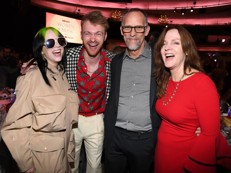 Billie Eilish, Finneas O'Connell, Patrick O'Connell and Maggie Baird attend Billboard Women In Music 2019, presented by YouTube Music, on December 12, 2019 in Los Angeles, California