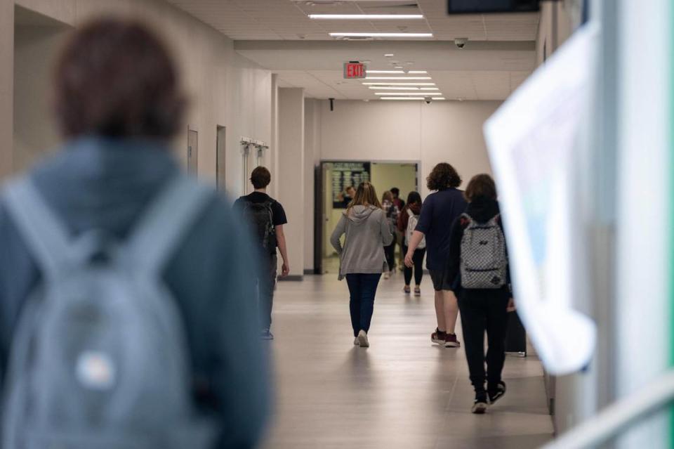 Students walk through a hallway in the freshman building of Eaton High on Thursday, March 2, 2023. Since 2010, Northwest ISD has added 15,000 students to its population and is one of the fastest-growing school district in Texas.