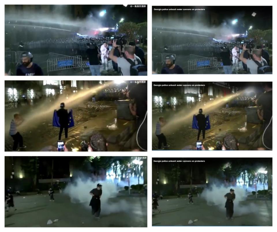 <span>Screenshot comparison between the footage shared in false posts (left) and Reuters' video (right)</span>