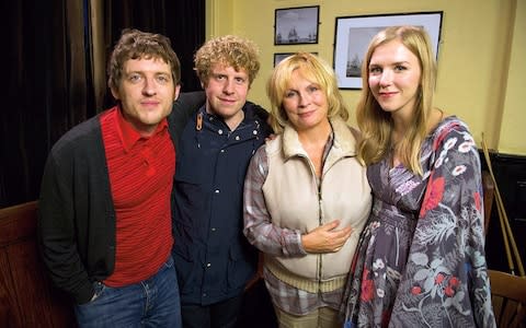 Edmondson in Patrick; with her Josh co-stars (from left), Elis James, Josh Widdicombe and Jennifer Saunders - Credit: BBC