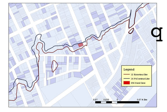 The red line shows the extent of the storm surge William Fritz and colleagues produced with their model. In black is the actual extent of Hurricane Sandy's surge on Staten Island.The house in pink shows where Alan Benimoff collected debris, to