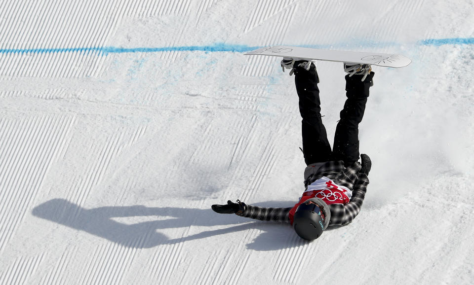 <p>Cheryl Maas, of the Netherlands, crashes during qualification for the women’s big air snowboard competition at the 2018 Winter Olympics in Pyeongchang, South Korea, Monday, Feb. 19, 2018. (AP Photo/Matthias Schrader) </p>