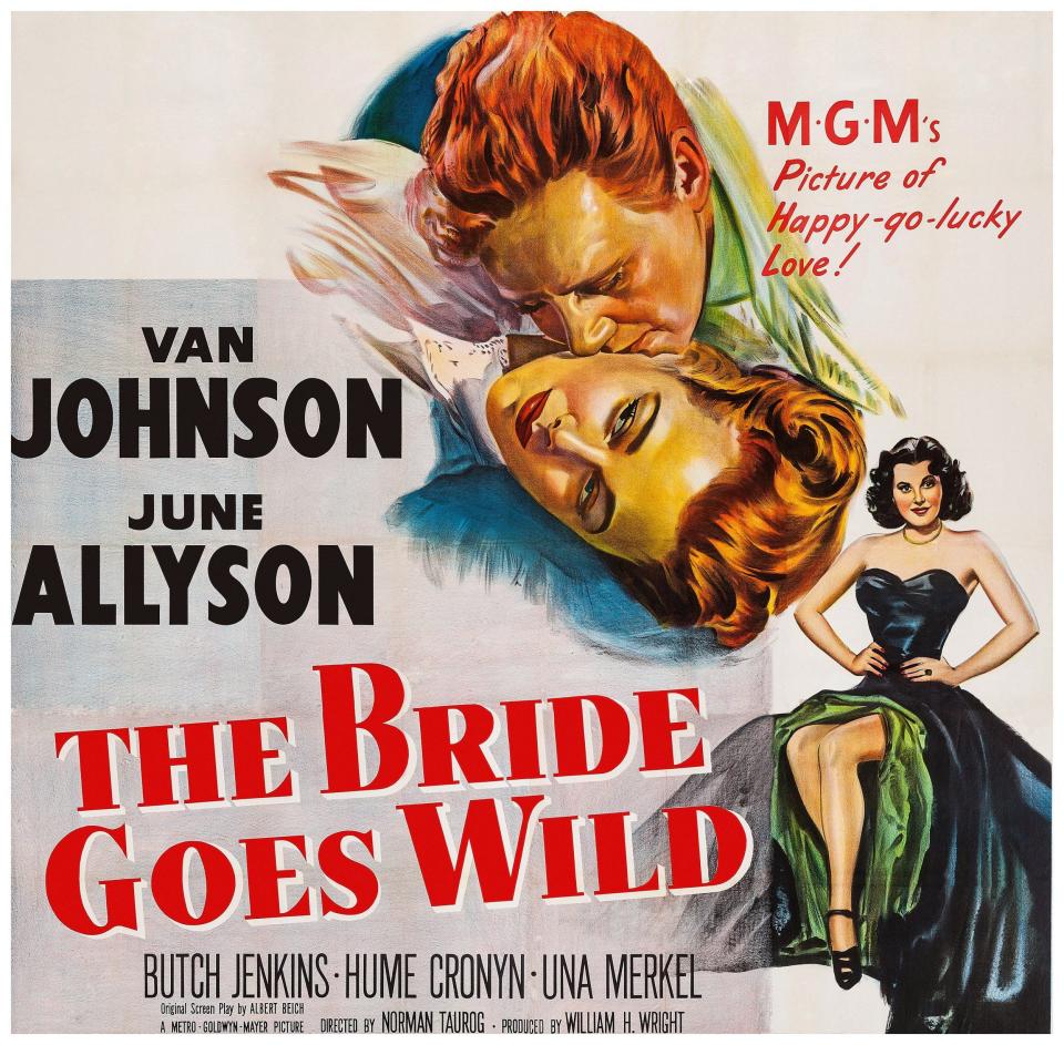 Poster for The Bride Goes Wild, featuring, from top: Van Johnson, June Allyson, Arlene Dahl - LMPC via Getty Images