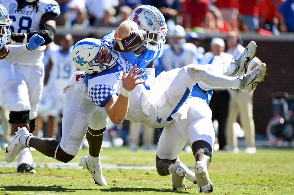 Kentucky quarterback Will Levis (7) loses the first of two crucial, late-game fumbles that he lost in UK’s frustrating 22-19 loss at Mississippi last week.