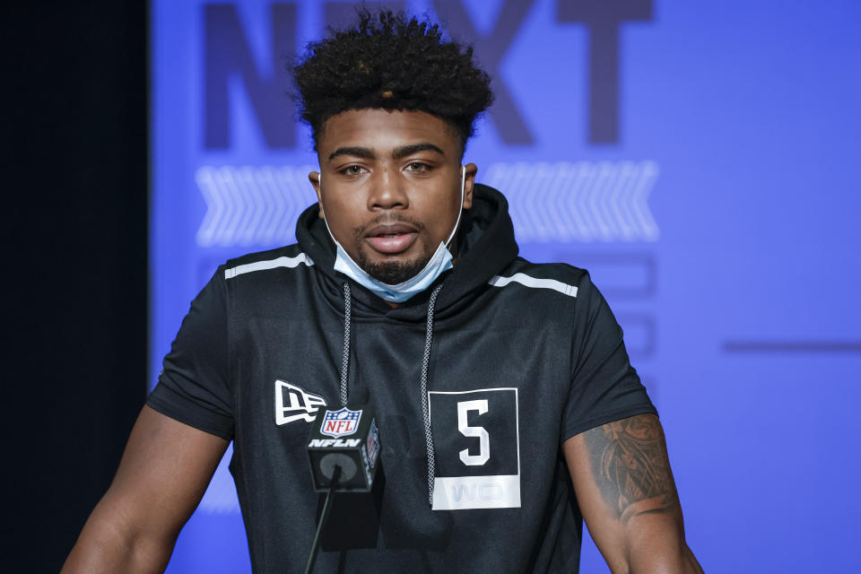 INDIANAPOLIS, IN - MAR 02: Treylon Burks #WO05 of the Arkansas Razorbacks speaks to reporters during the NFL Draft Combine at the Indiana Convention Center on March 2, 2022 in Indianapolis, Indiana. (Photo by Michael Hickey/Getty Images)