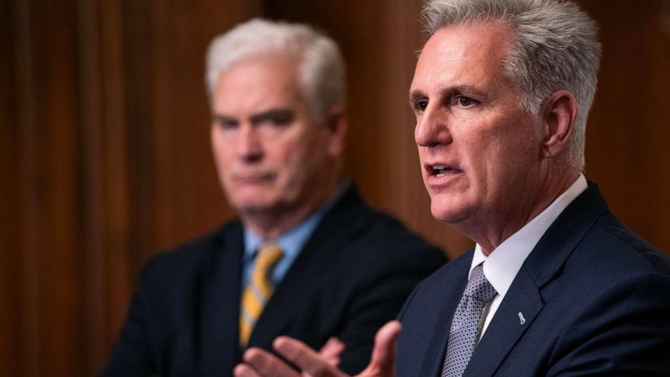 PHOTO: House Speaker Kevin McCarthy speaks with members of the media alongside Majority Whip Rep. Tom Emmer following passage in the House of a 45-day continuing resolution, Sept. 30, 2023 in Washington, DC. (Nathan Howard/Getty Images)